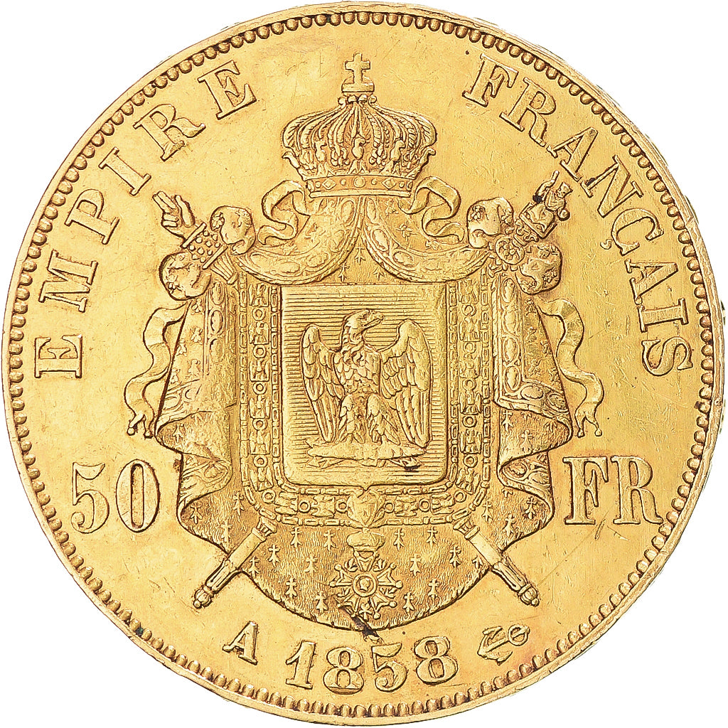 Moeda, França, Napoleon III, 50 Francs, 1858, Paris, EF(40-45), Dourado