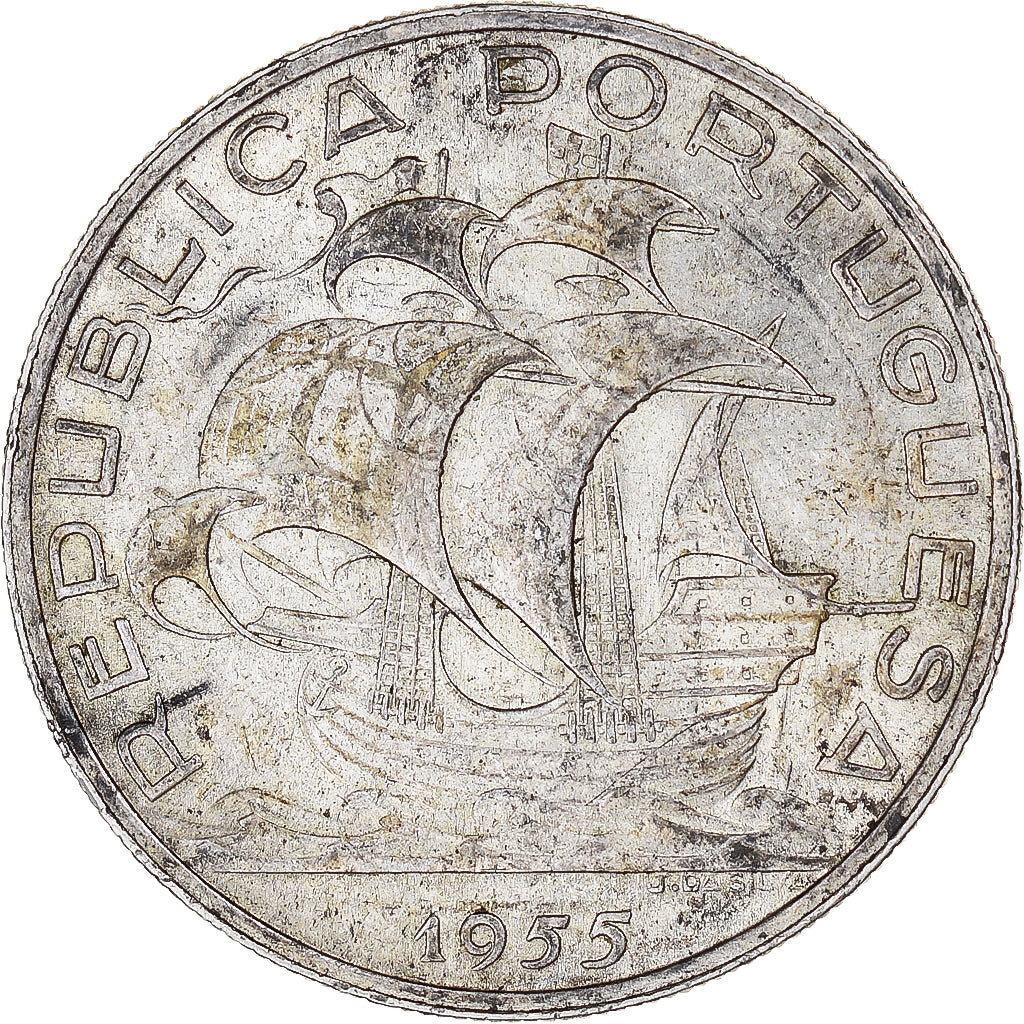 Coin, Portugal, 10 Escudos, 1955, VF(30-35), Silver, KM:586