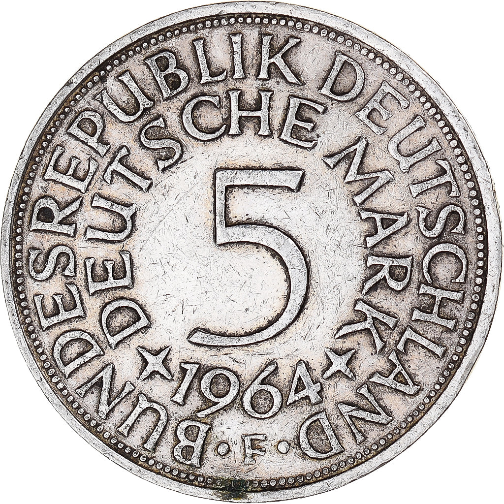 Coin, GERMANY - FEDERAL REPUBLIC, 5 Mark, 1964, Stuttgart, AU(50-53), Silver