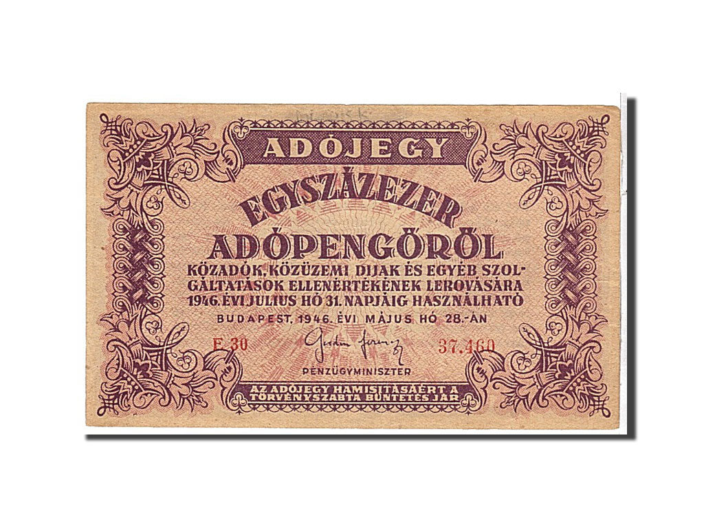 Banknote, Hungary, 100,000 (Egyszázezer) Adópengö, 1946, AU(55-58)