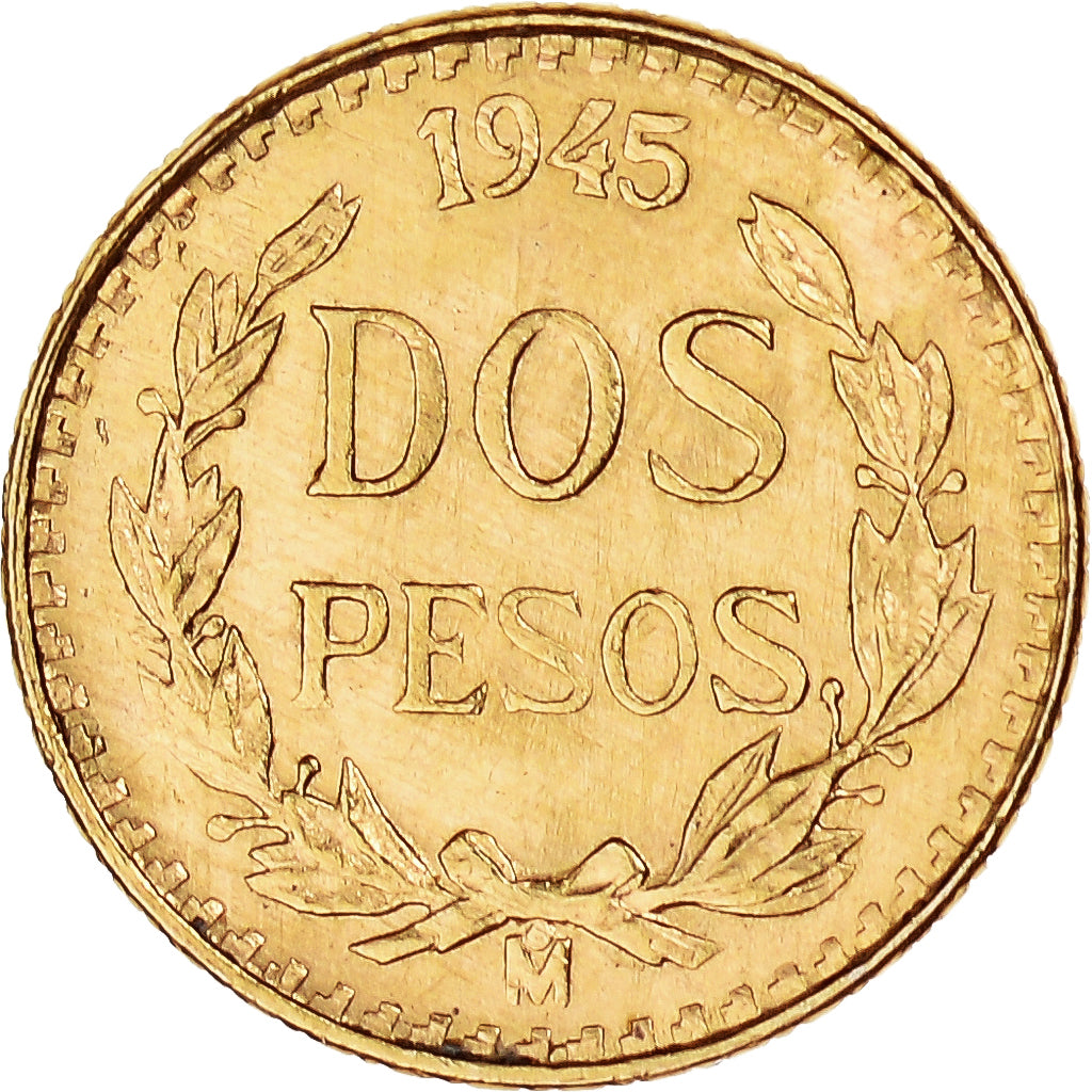 Coin, Mexico, 2 Pesos, 1945, Mexico City, MS(63), Gold, KM:461