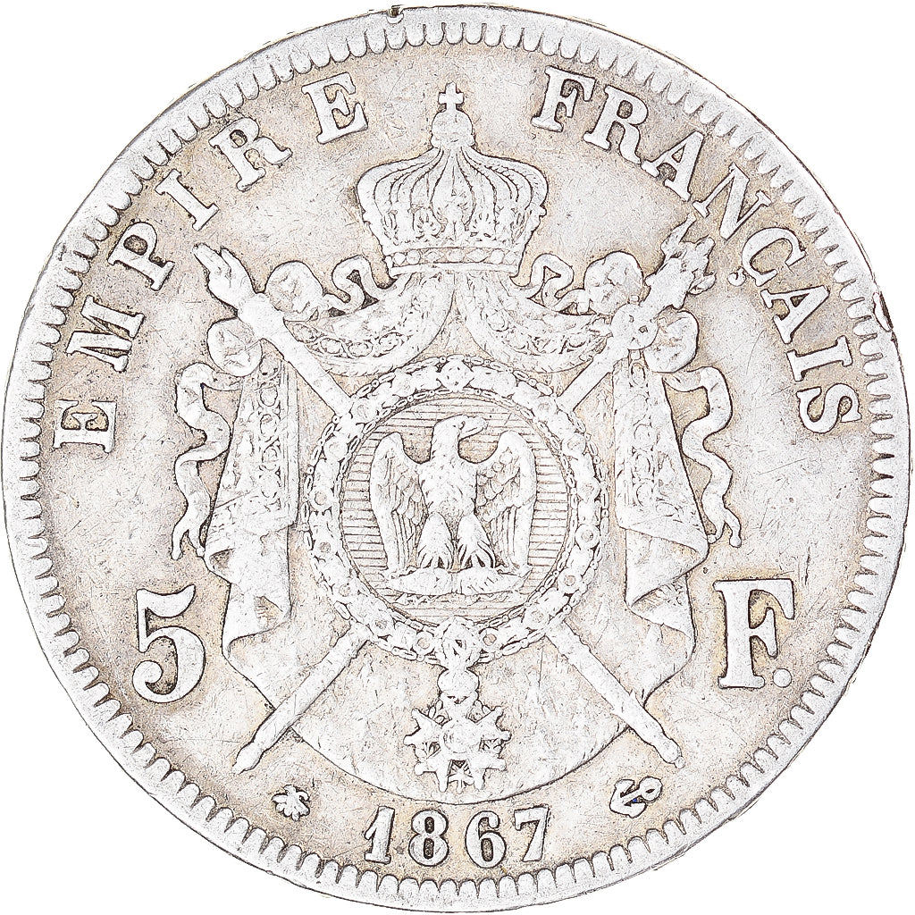 Coin, France, Napoleon III, 5 Francs, 1867, Paris, VF(20-25), Silver, KM:799.1