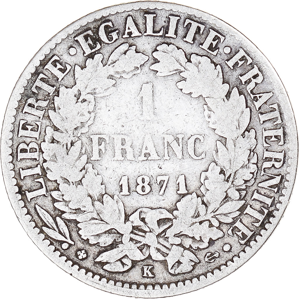 Monnaie, France, Cérès, Franc, 1871, Bordeaux, TB, Argent, Gadoury:465