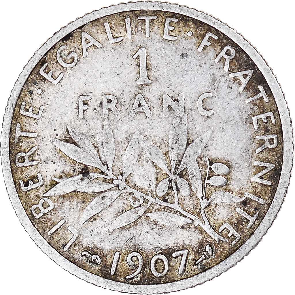 Moneda, Francia, Semeuse, Franc, 1907, MBC, Plata, KM:844.1, Gadoury:467