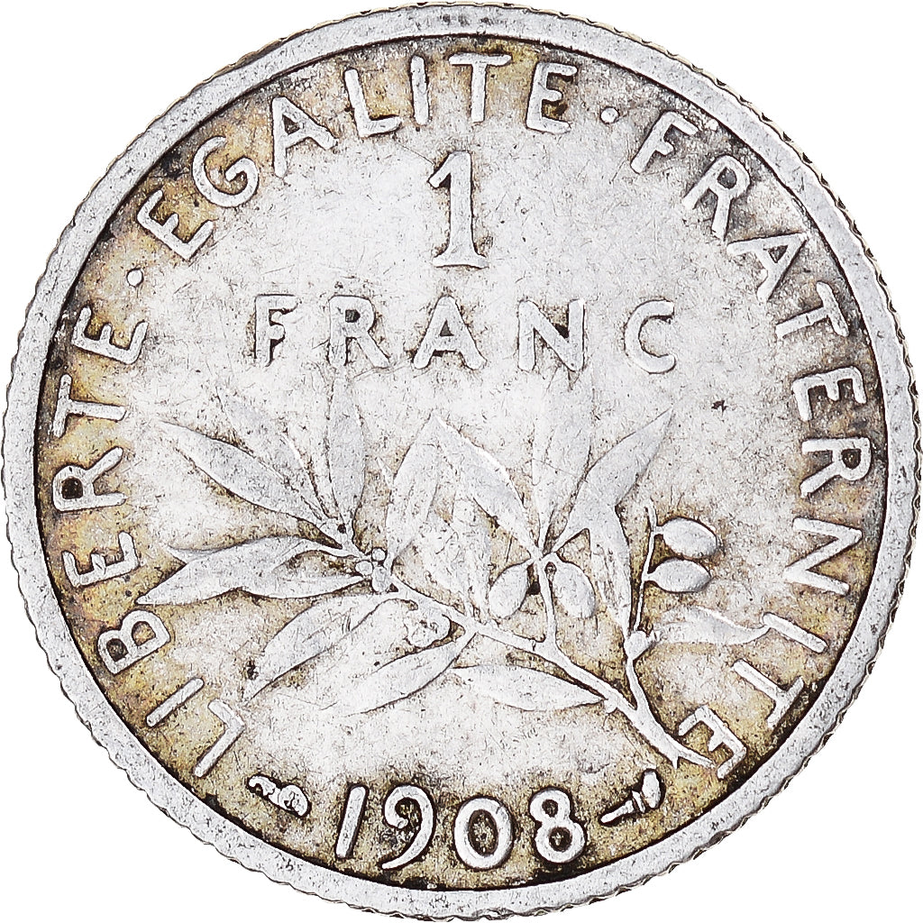Moneda, Francia, Semeuse, Franc, 1908, Paris, MBC, Plata, KM:844.1, Gadoury:467