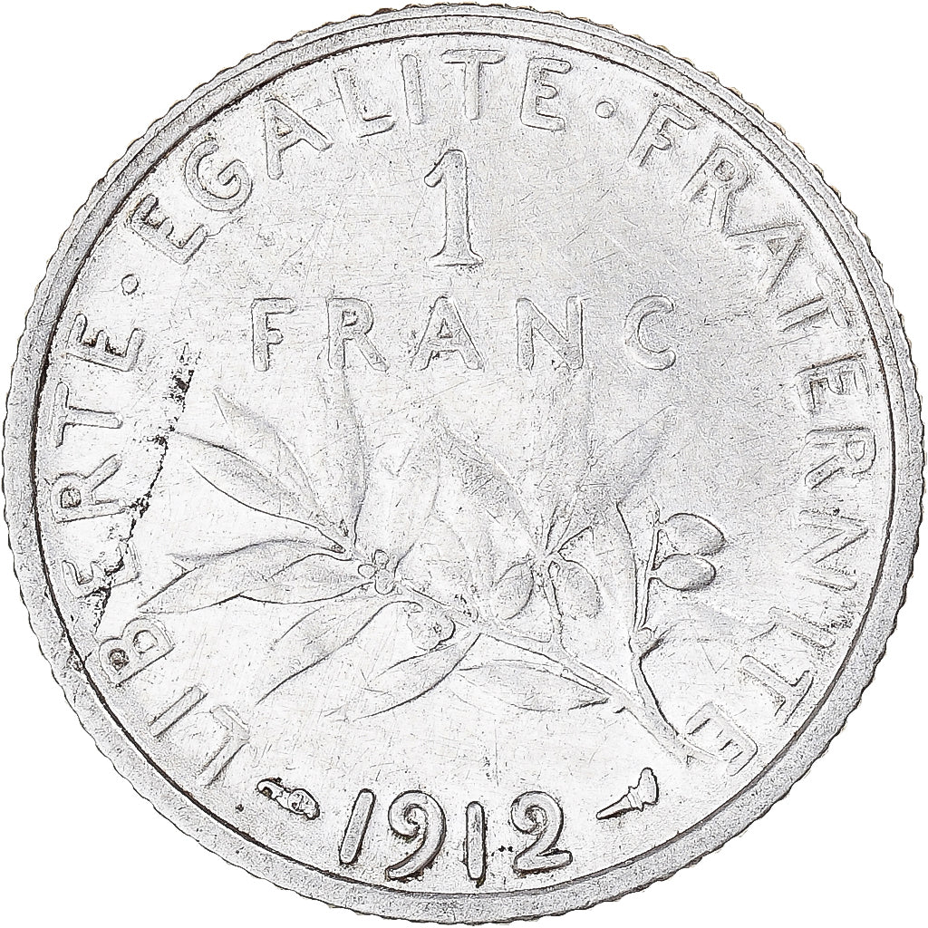 Moeda, França, Semeuse, Franc, 1912, Paris, AU(55-58), Prata, KM:844.1