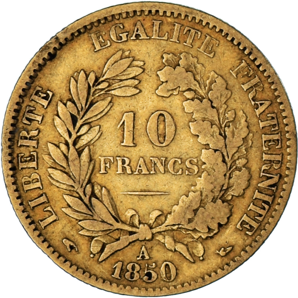 Moneta, Francia, Cérès, 10 Francs, 1850, Paris, MB+, Oro, KM:770, Gadoury:1012