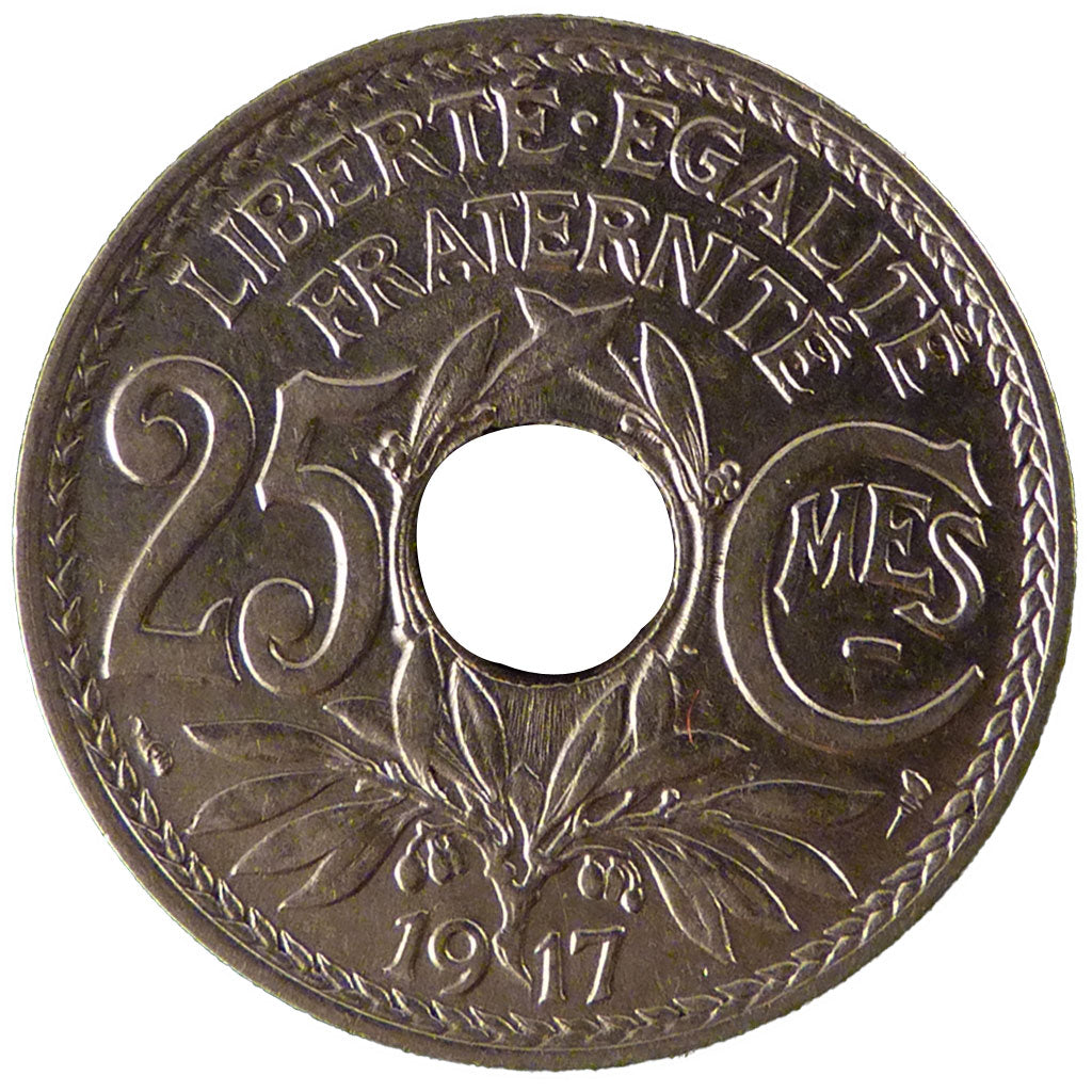 FRANCE, Lindauer, 25 Centimes, 1917, KM #867, AU(50-53), Nickel, 24, Gadoury...