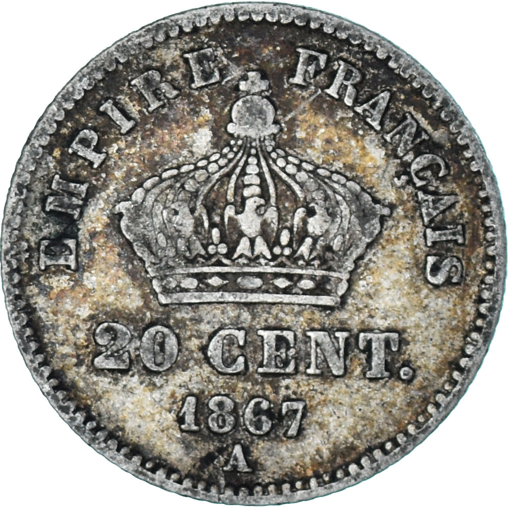 France,Napoleon III,20 Centimes,1867,Paris,VF(30-35),Silver,KM 808.1,Gadoury 309