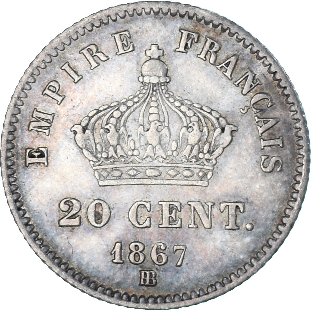 Francia, Napoleon III, 20 Centimes, 1867, Strasbourg, BB, KM:808.2