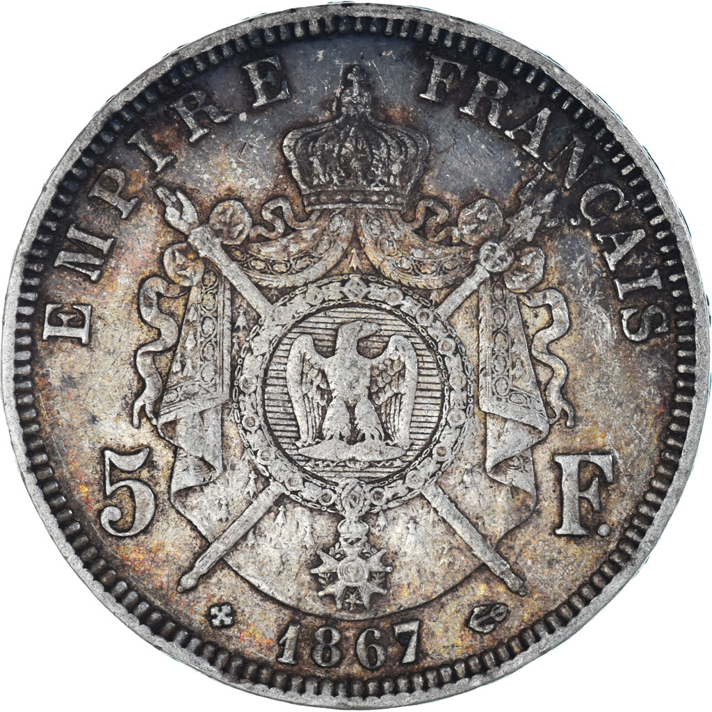 Moeda, França, Napoléon III, 5 Francs, 1867, Strasbourg, VF(30-35), Prata