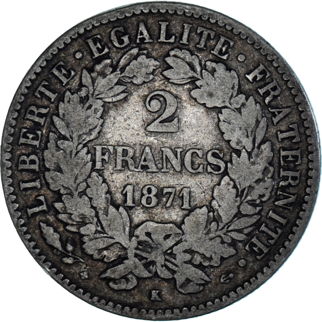 Coin, France, Cérès, 2 Francs, 1871, Bordeaux, VF(30-35), Silver, KM:817.2