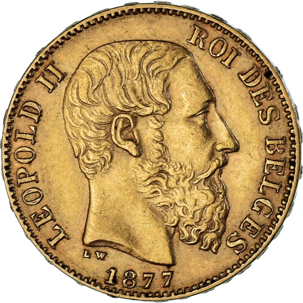 Moneta, Belgio, Leopold II, 20 Francs, 20 Frank, 1877, BB+, Oro, KM:37