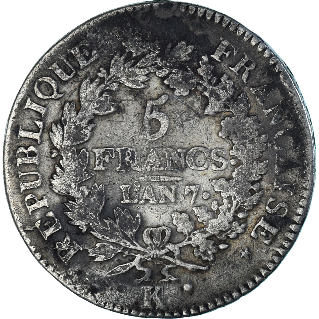 Coin, France, Union et Force, 5 Francs, AN 7, Bordeaux, F(12-15), Silver