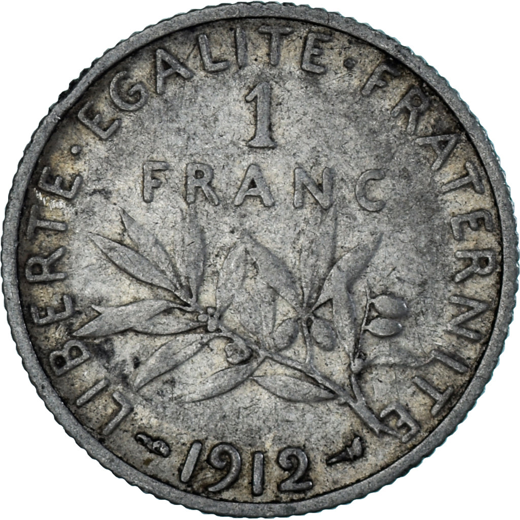 Moneda, Francia, Semeuse, Franc, 1912, Paris, BC+, Plata, KM:844.1, Gadoury:467