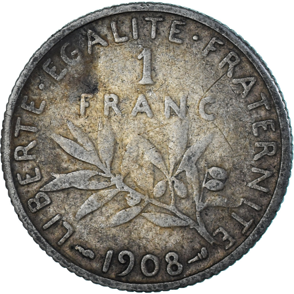 Coin, France, Semeuse, Franc, 1908, Paris, VF(20-25), Silver, KM:844.1