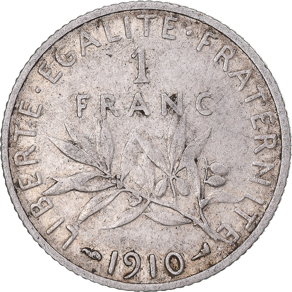 Moneda, Francia, Semeuse, Franc, 1910, Paris, BC+, Plata, KM:844.1, Gadoury:467