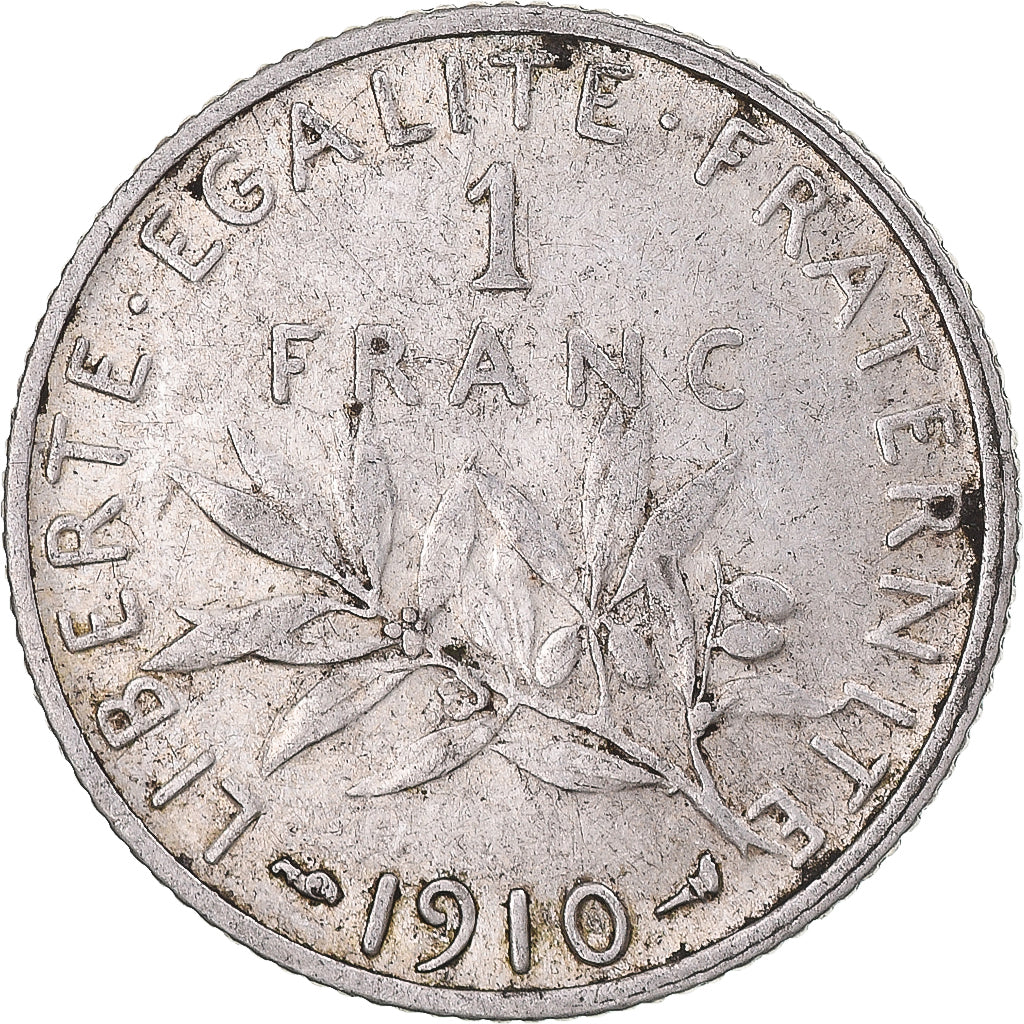 Moneda, Francia, Semeuse, Franc, 1910, Paris, BC+, Plata, KM:844.1, Gadoury:467