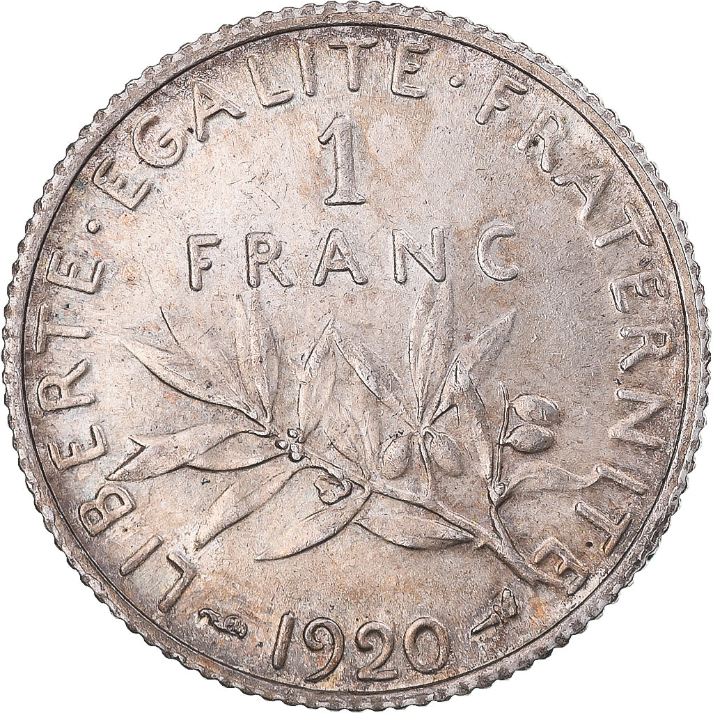 Moeda, França, Semeuse, Franc, 1920, Paris, AU(55-58), Prata, KM:844.1