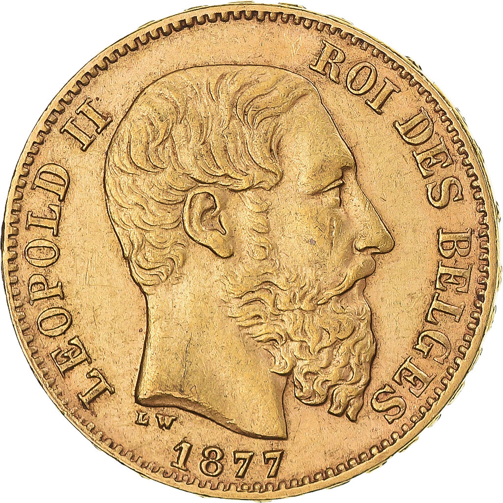 Moneta, Belgia, Leopold II, 20 Francs, 20 Frank, 1877, AU(50-53), Złoto, KM:37