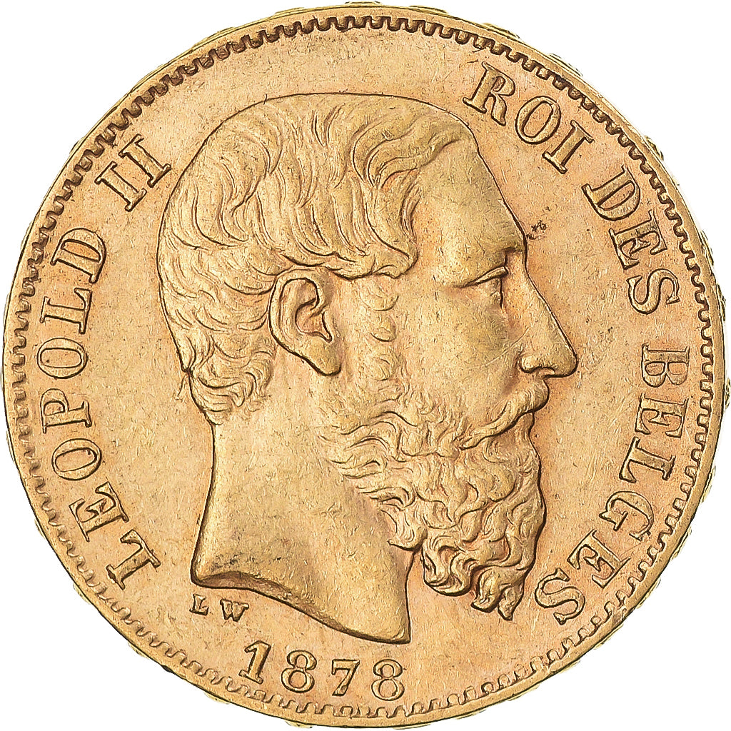 Moneta, Belgia, Leopold II, 20 Francs, 20 Frank, 1878, AU(55-58), Złoto, KM:37