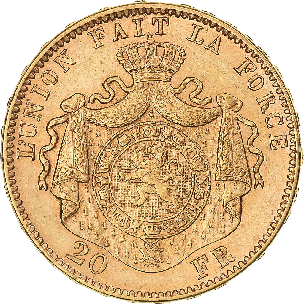 Moneta, Belgia, Leopold II, 20 Francs, 20 Frank, 1878, AU(55-58), Złoto, KM:37