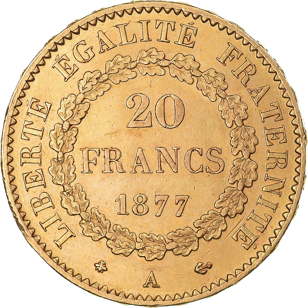 Moneta, Francja, Génie, 20 Francs, 1877, Paris, AU(50-53), Złoto, KM:825