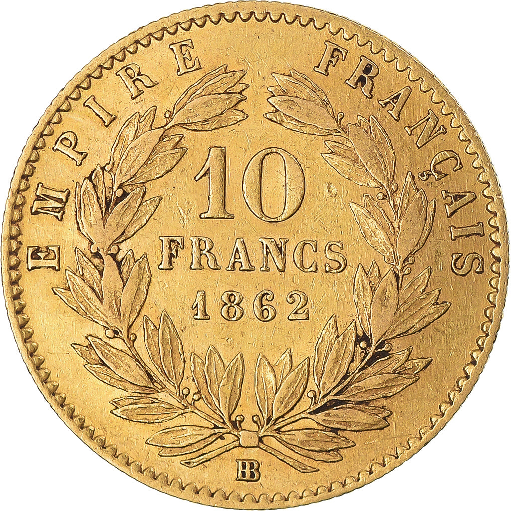 Moneda, Francia, Napoleon III, 10 Francs, 1862, Strasbourg, MBC, Oro, KM:800.2