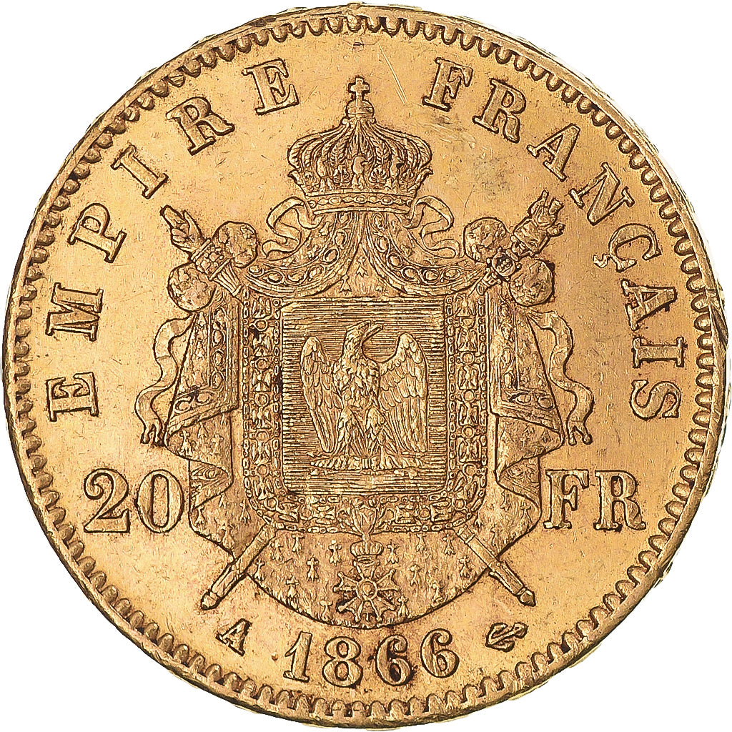 Moneta, Francja, Napoleon III, 20 Francs, 1866, Paris, AU(50-53), Złoto