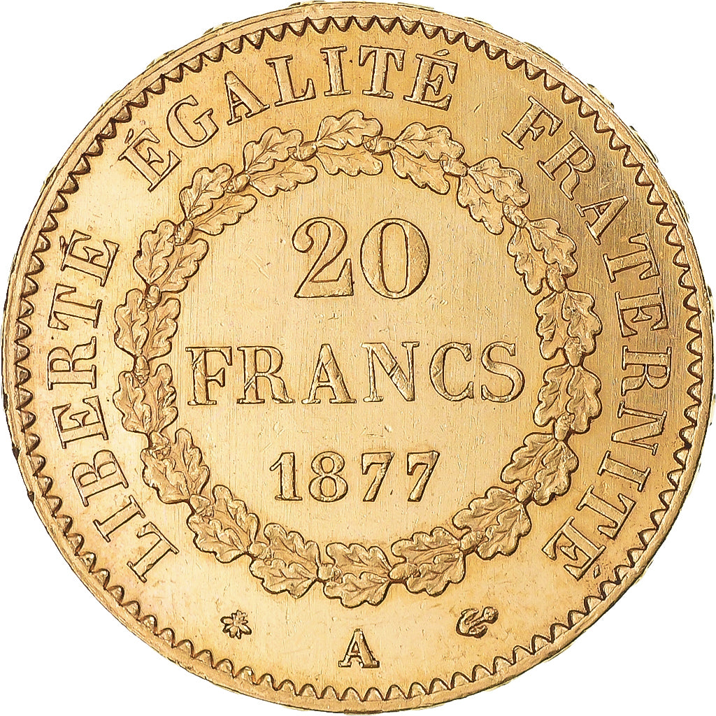Moneta, Francja, Génie, 20 Francs, 1877, Paris, AU(55-58), Złoto, KM:825