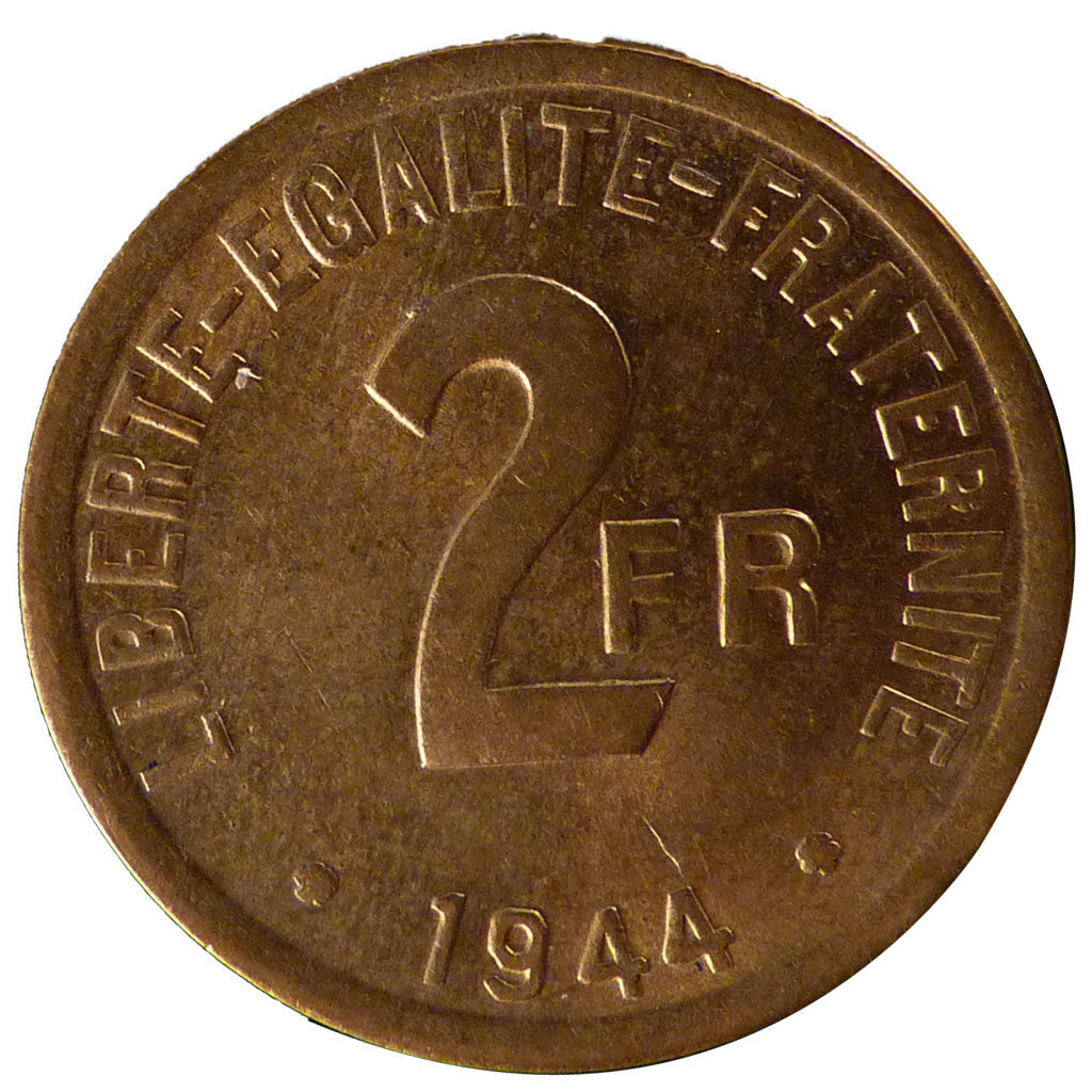 FRANCE, France Libre, 2 Francs, 1944, Philadelphia, KM #905, AU(55-58), Brass,..