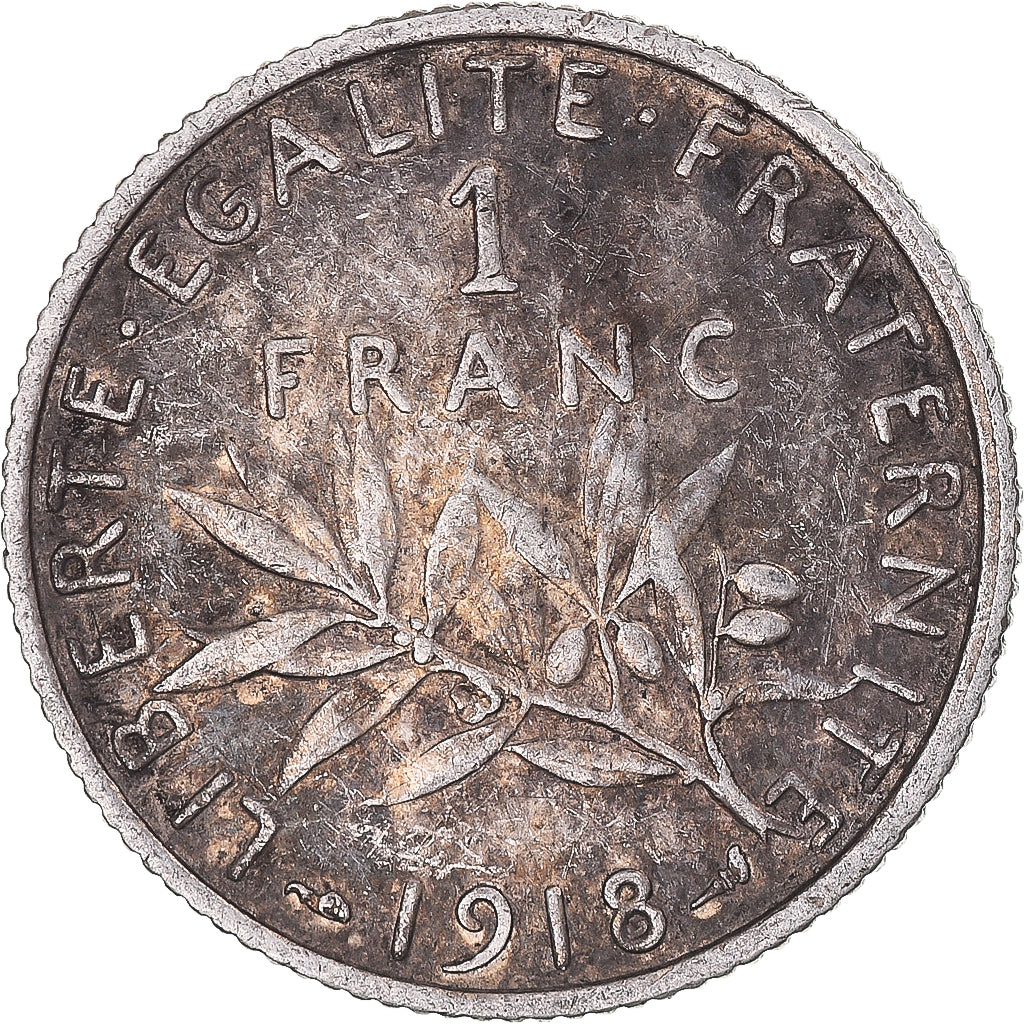FRANCE, Semeuse, Franc, 1918, Paris, KM #844.1, AU(50-53), Silver, 23, Gadoury..