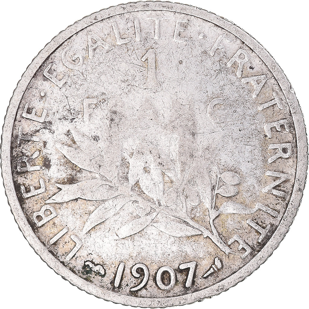 Moneda, Francia, Semeuse, Franc, 1907, Paris, BC+, Plata, KM:844.1, Gadoury:467