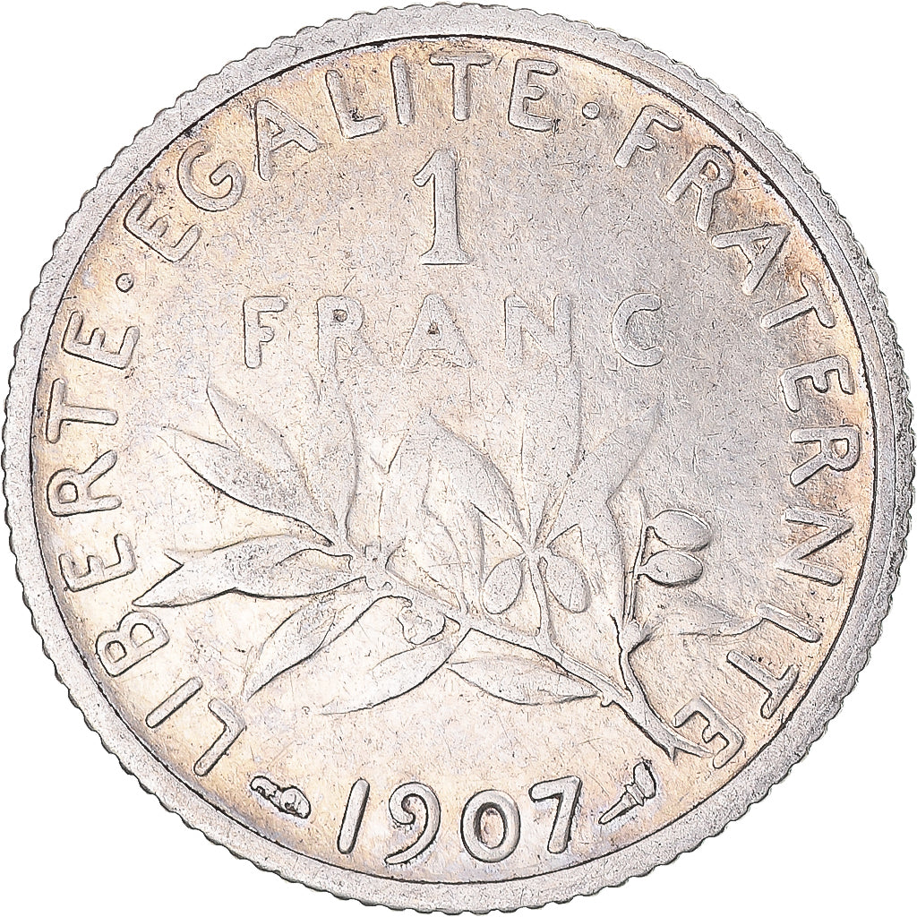 Moneda, Francia, Semeuse, Franc, 1907, Paris, BC+, Plata, KM:844.1, Gadoury:467