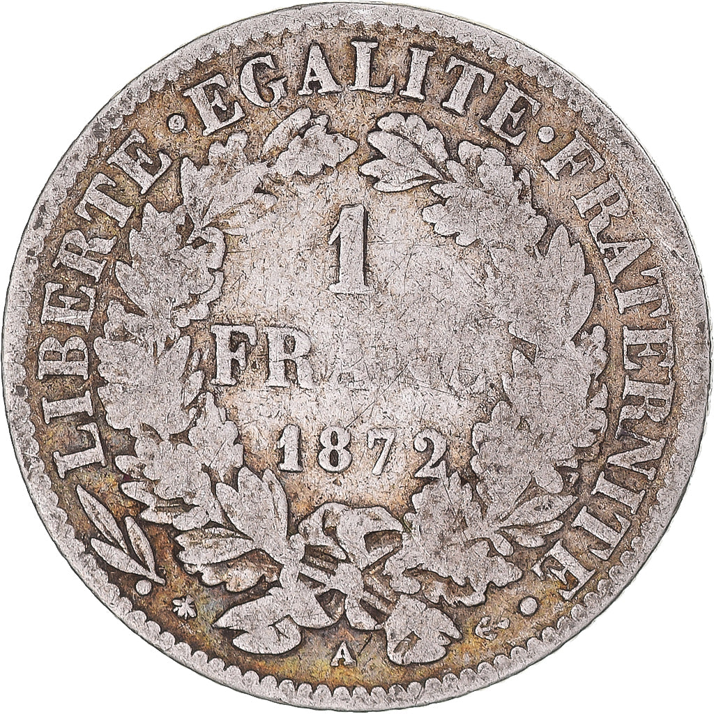 Moeda, França, Cérès, Franc, 1872, Paris, VF(30-35), Prata, KM:822.1