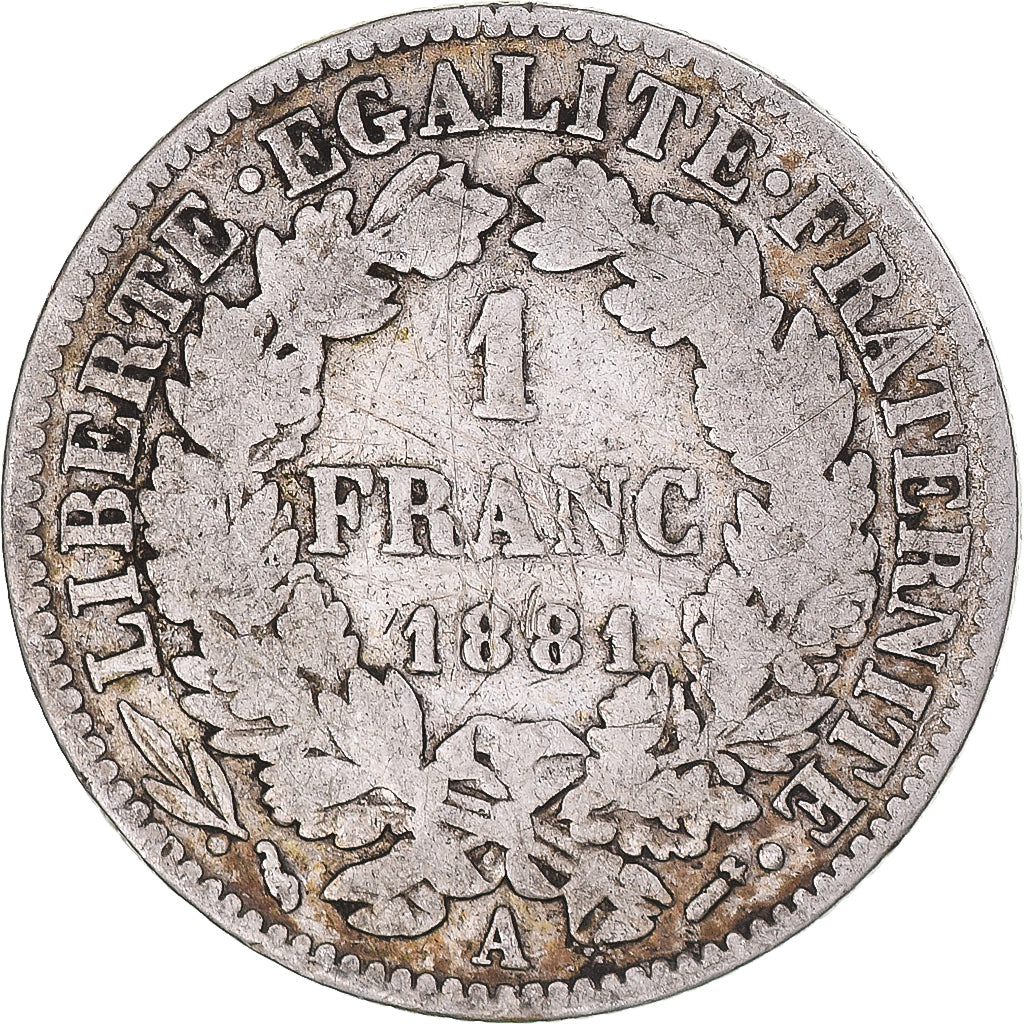 Moneda, Francia, Cérès, Franc, 1881, Paris, 1 Franc, BC+, Plata, KM:822.1