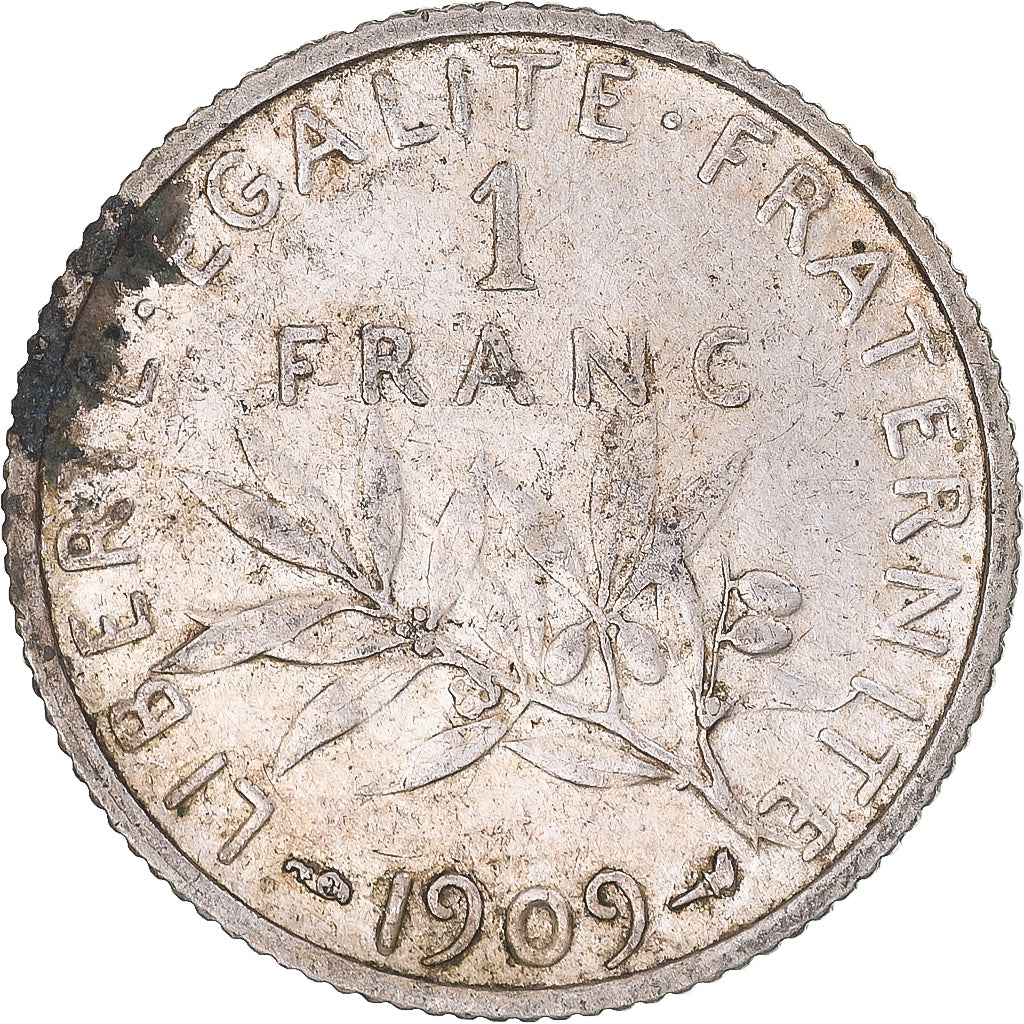 Moneta, Francia, Semeuse, Franc, 1909, Paris, MB+, Argento, KM:844.1