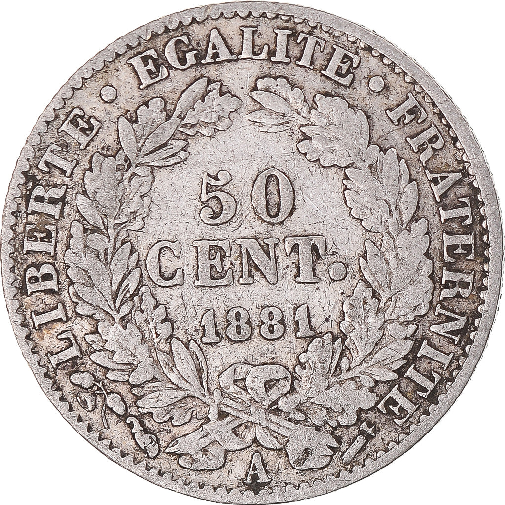 Moeda, França, Cérès, 50 Centimes, 1881, Paris, VF(30-35), Prata, KM:834.1