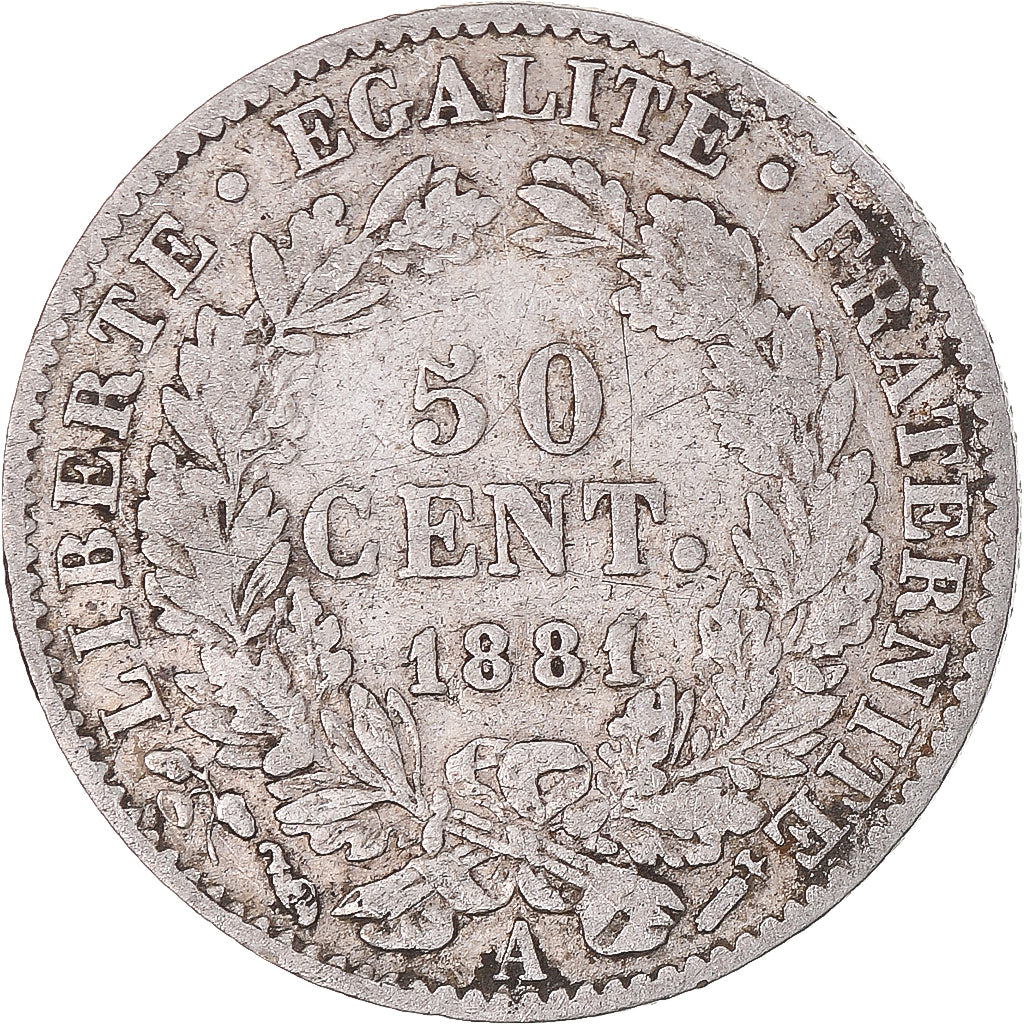 Moeda, França, Cérès, 50 Centimes, 1881, Paris, VF(30-35), Prata, KM:834.1