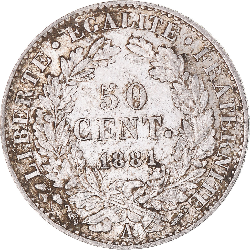 France, Cérès, 50 Centimes, 1881, Paris, AU(55-58), Silver, KM:834.1