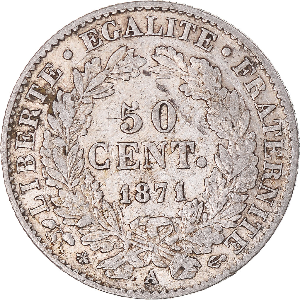 Moneta, Francja, Cérès, 50 Centimes, 1871, Paris, VF(30-35), Srebro, KM:834.1