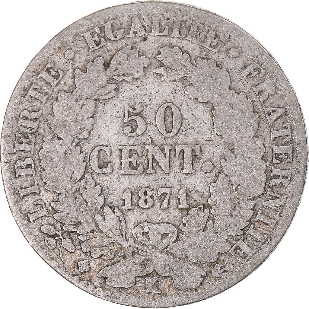 Coin, France, Cérès, 50 Centimes, 1871, Bordeaux, VG(8-10), Silver, KM:834.2