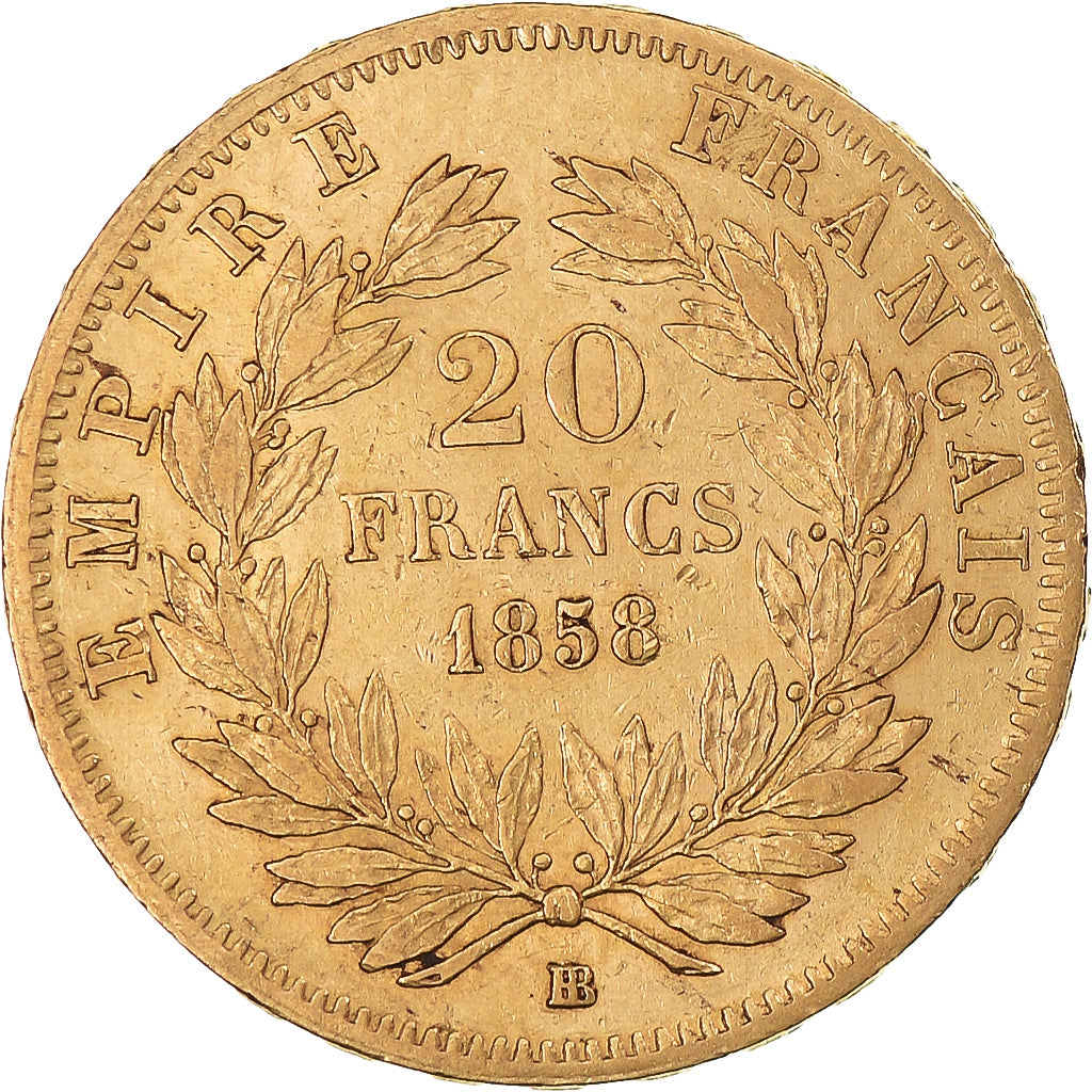 France, Napoleon III, 20 Francs, 1858, Strasbourg, EF(40-45), Gold, KM:781.2
