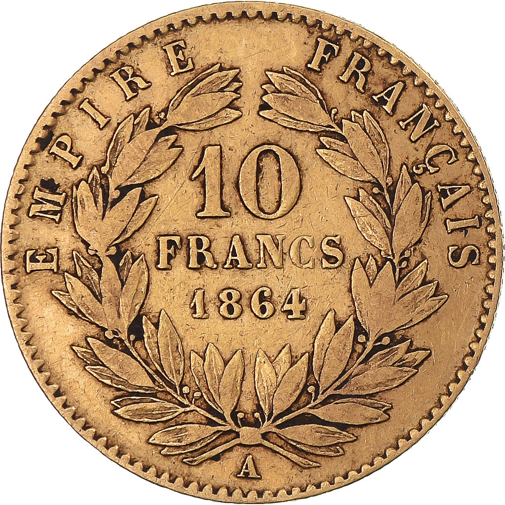 Moeda, França, Napoleon III, 10 Francs, 1864, Paris, VF(30-35), Dourado