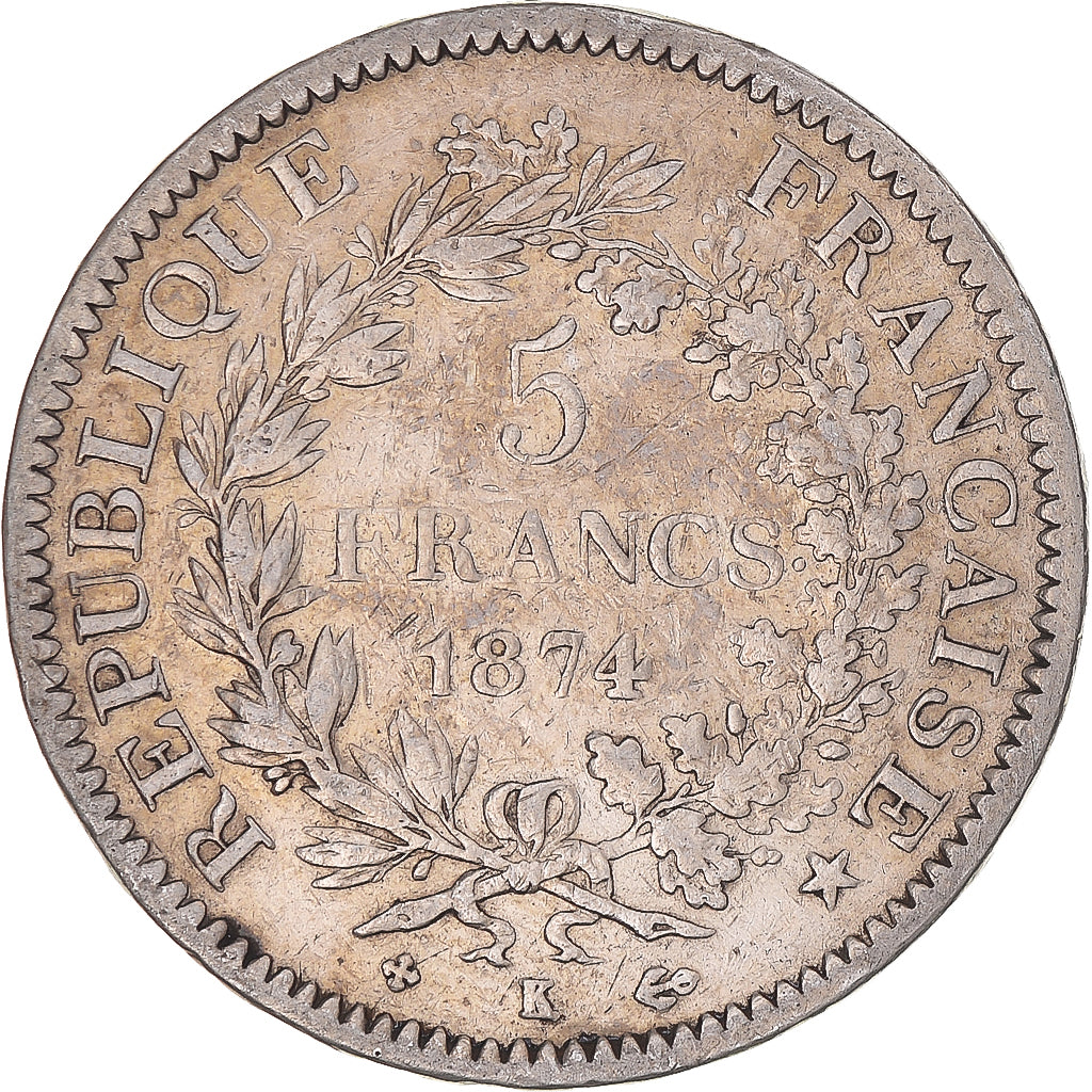 Moneta, Francia, Hercule, 5 Francs, 1874, Bordeaux, MB+, Argento, KM:820.2