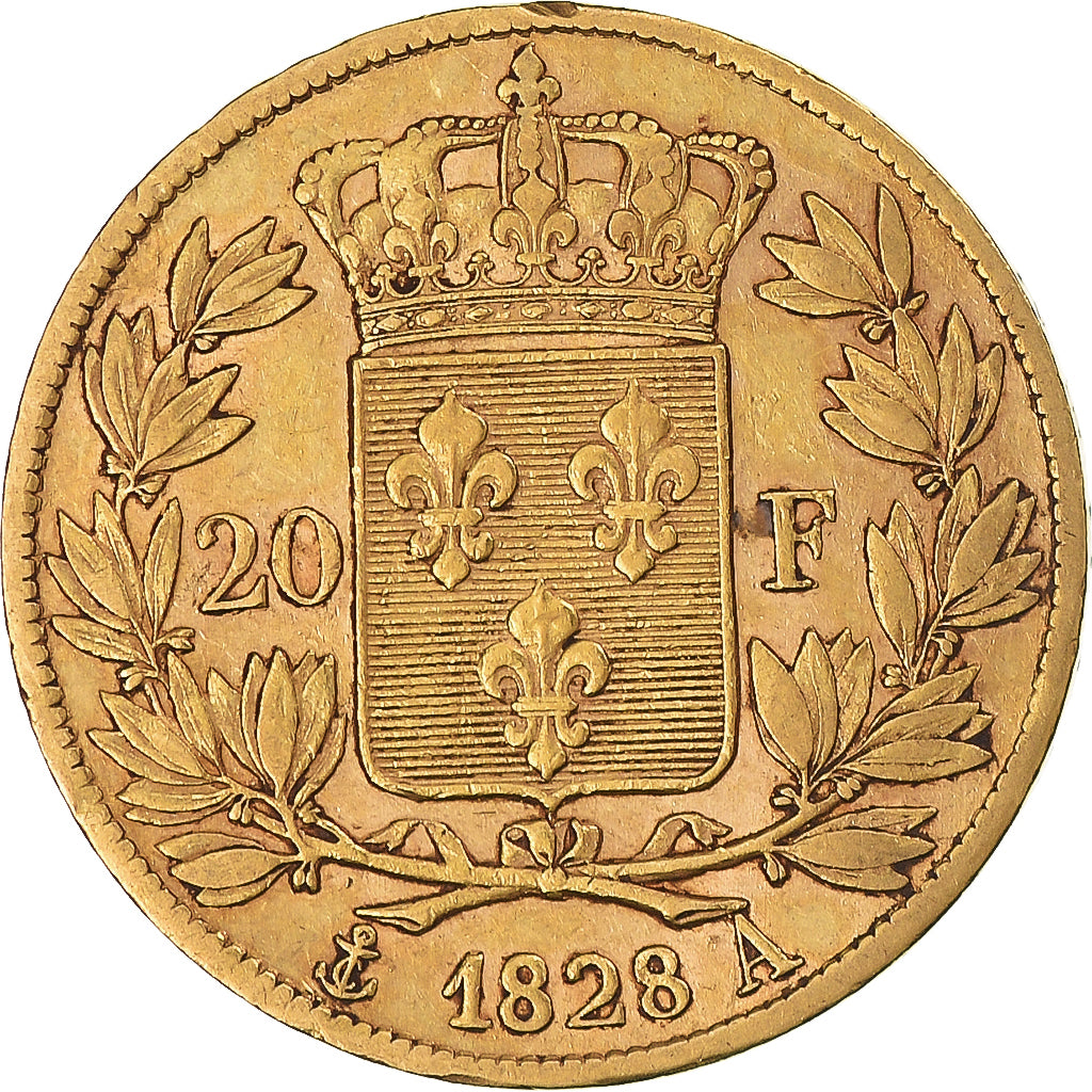 FRANCE, Charles X, 20 Francs, 1828, Paris, KM #726.1, EF(40-45), Gold, Gadoury..