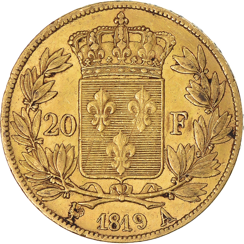 France, Louis XVIII,20 Francs, 1819,Paris,EF(40-45),Gold, KM 712.1,Gadoury 1028