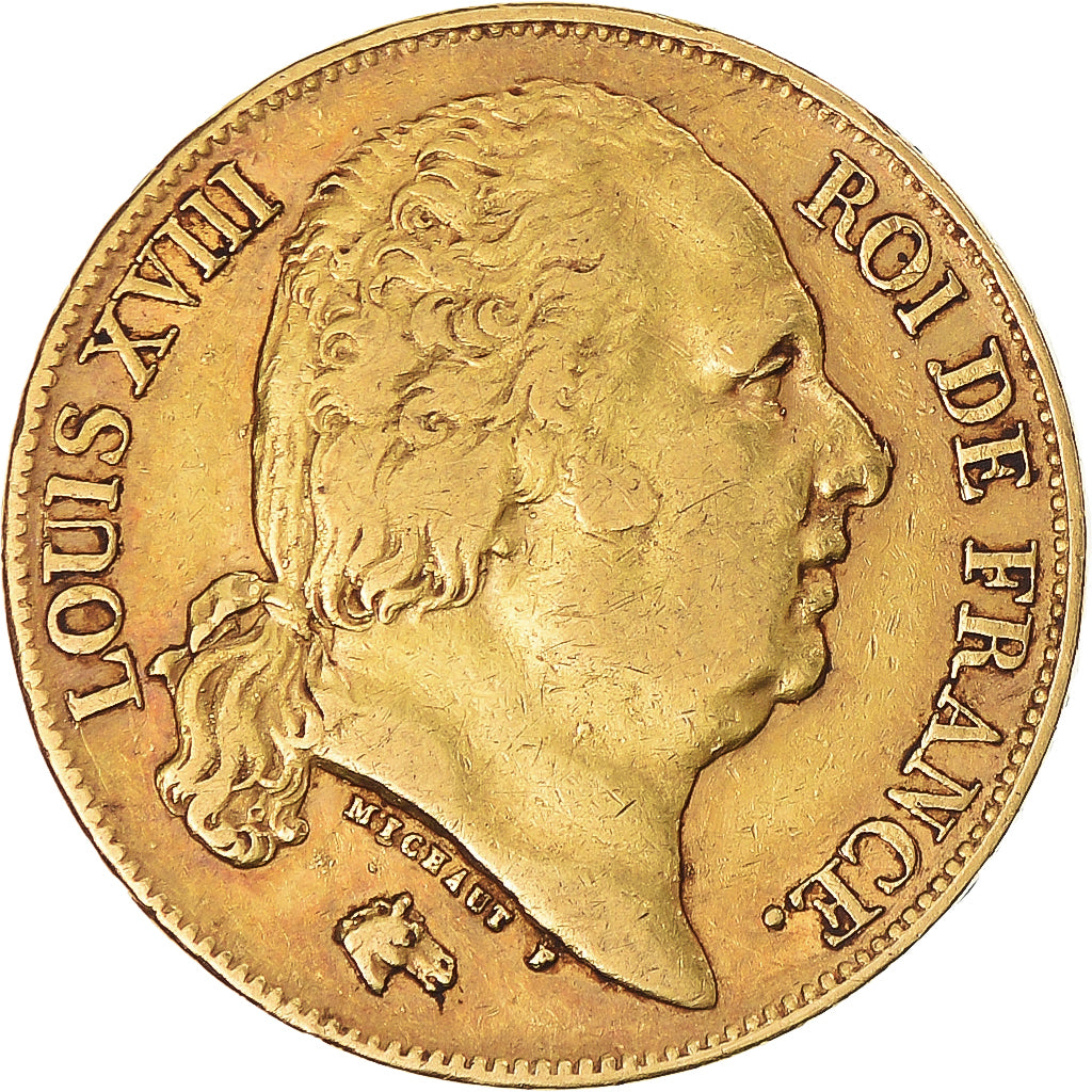 France, Louis XVIII, 20 Francs, 1818, Lille, VF(30-35), Gold, KM 712.9