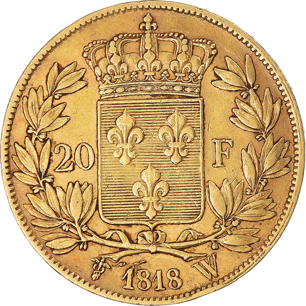 France, Louis XVIII, 20 Francs, 1818, Lille, VF(30-35), Gold, KM 712.9