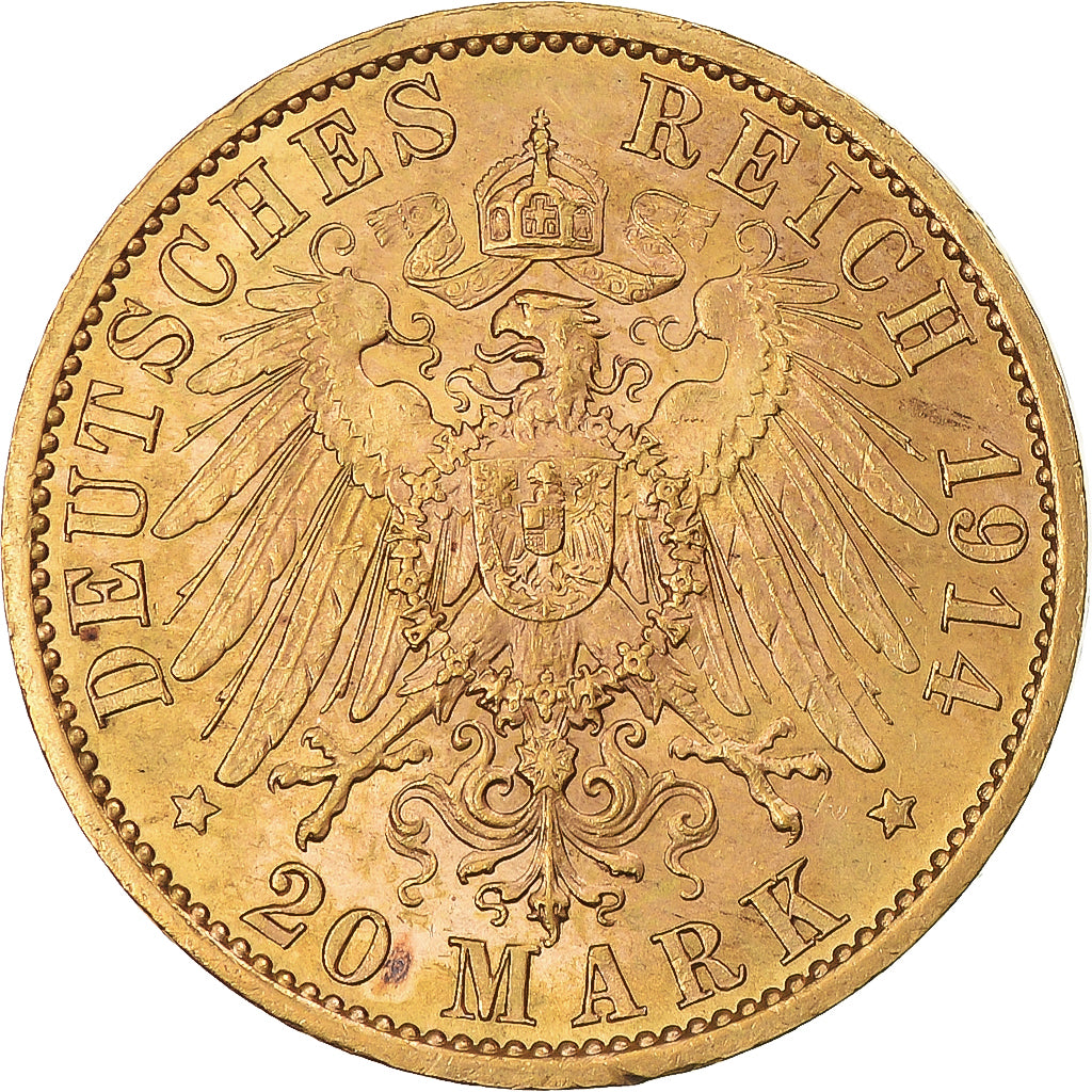 Coin, German States, PRUSSIA, Wilhelm II, 20 Mark, 1914, Berlin, AU(55-58)